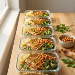 High protein high fiber meal prep containers with air fryer chicken, chickpeas, broccoli, and quinoa