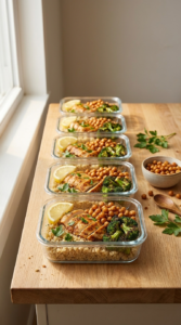 High protein high fiber meal prep containers with air fryer chicken, chickpeas, broccoli, and quinoa