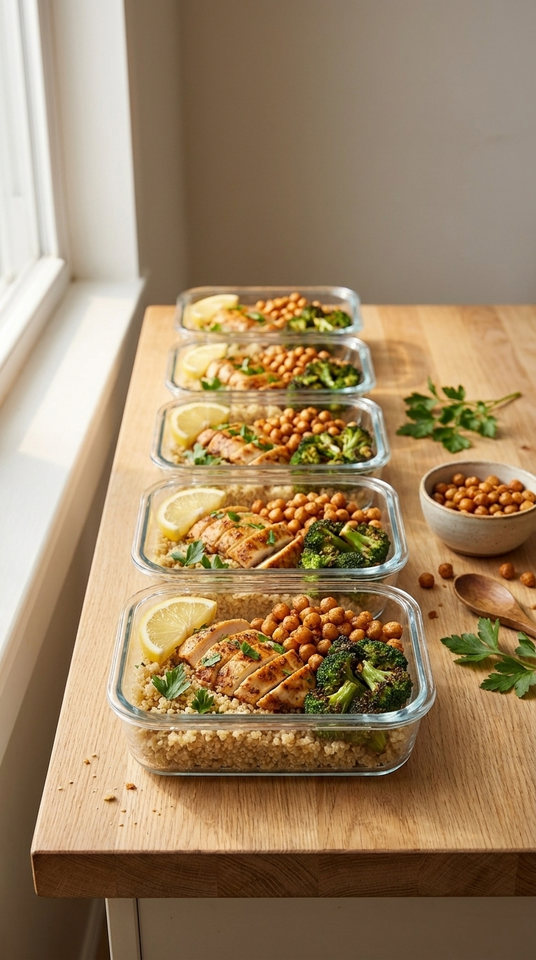 High protein high fiber meal prep containers with air fryer chicken, chickpeas, broccoli, and quinoa