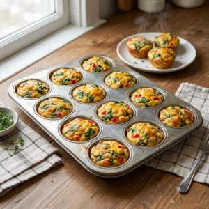 High protein breakfast meal prep veggie egg muffins in a muffin tin, golden and fresh from the oven