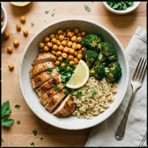 Air fryer high protein high fiber meal prep bowl with sliced chicken, crispy chickpeas, roasted broccoli, and quinoa